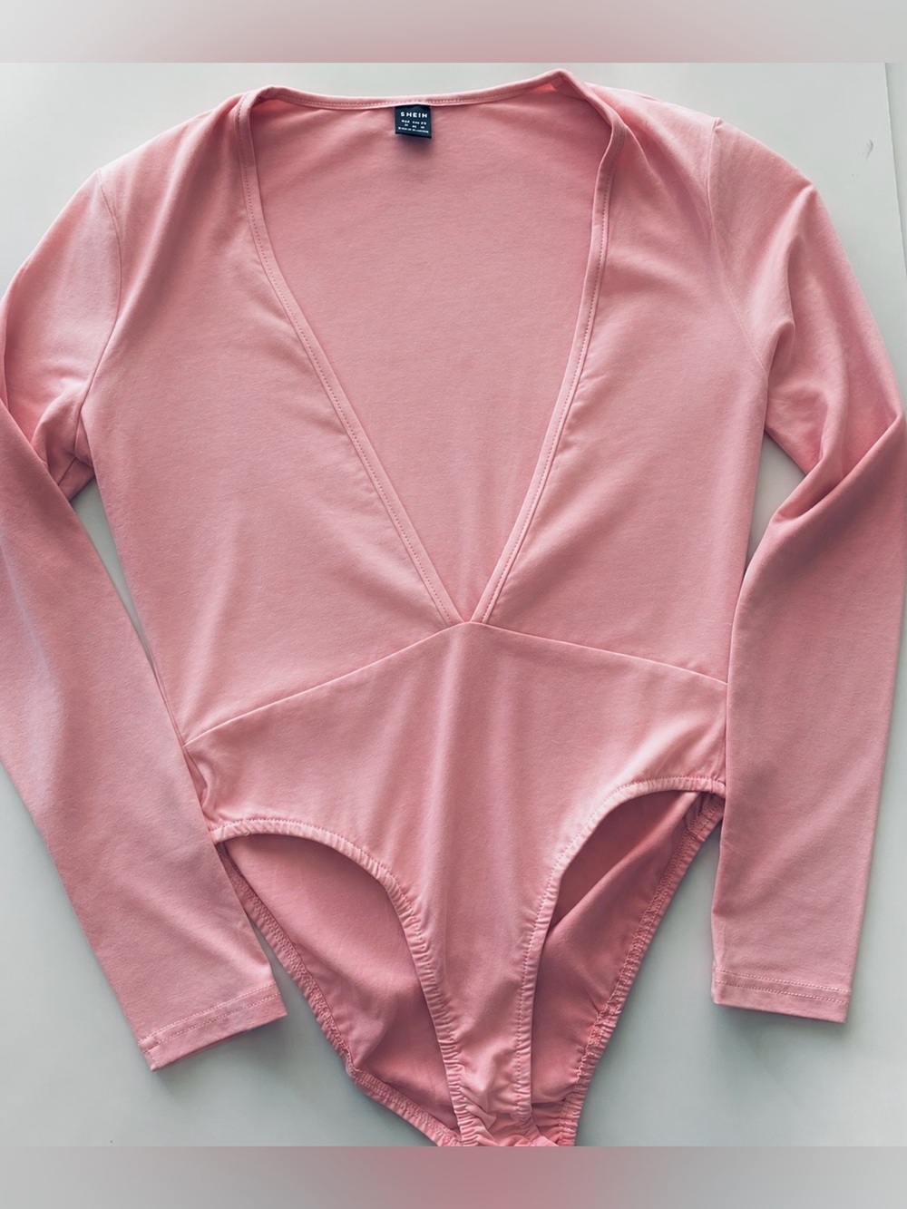 Shein Bodysuit Plunging V-Neck Long Sleeves Brand New Soft Pink Size S